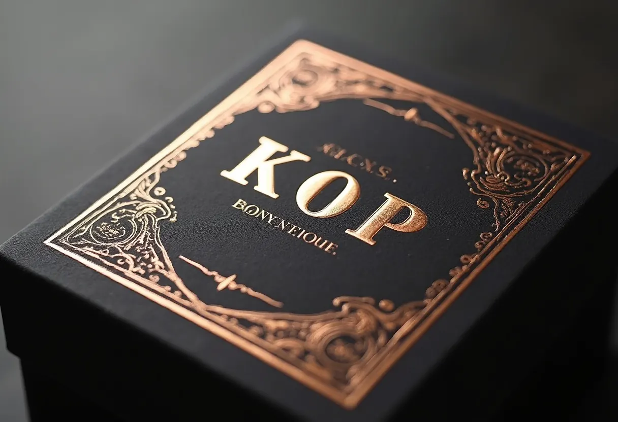 Black and copper foil-embossed spirits label