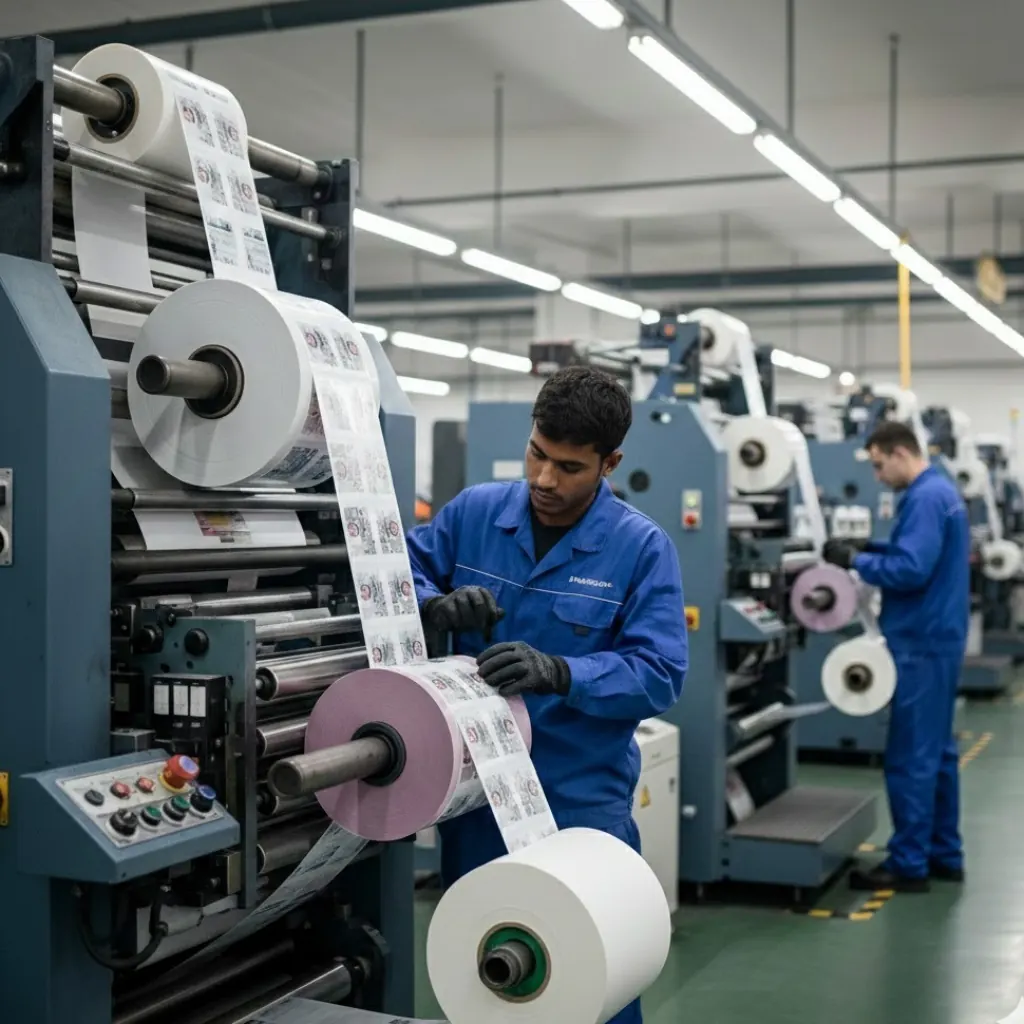 Kwality press operator checking self-adhesive label rolls on the production floor